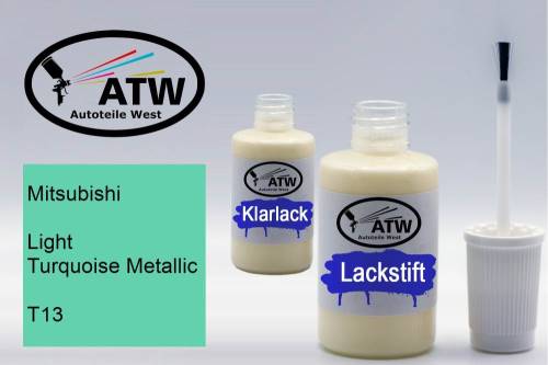 Mitsubishi, Light Turquoise Metallic, T13: 20ml Lackstift + 20ml Klarlack - Set, von ATW Autoteile West.